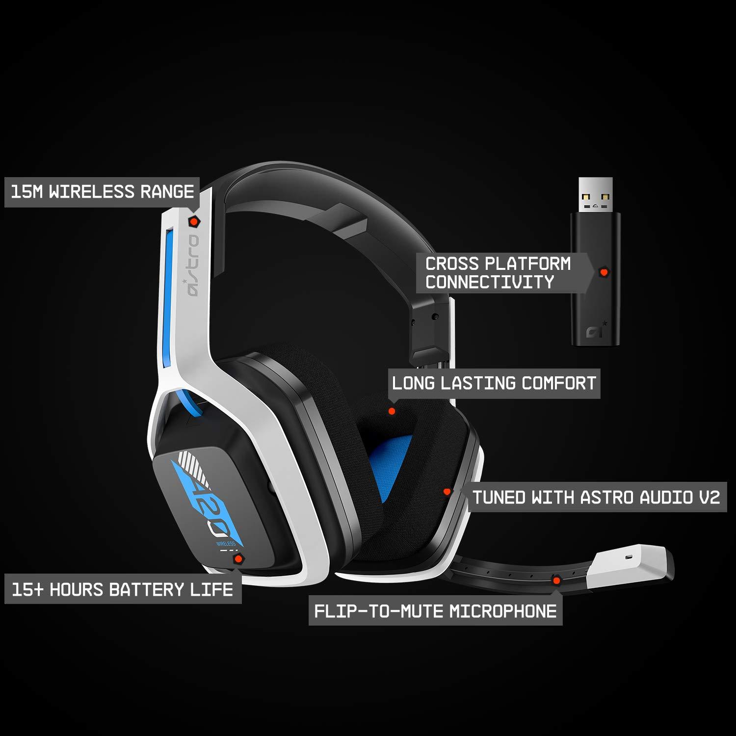 imageASTRO Gaming A20 Wireless Headset Gen 2 for PlayStation 54 PC ampamp Mac  WhiteBlue Wireless Gaming Headset with Microphone