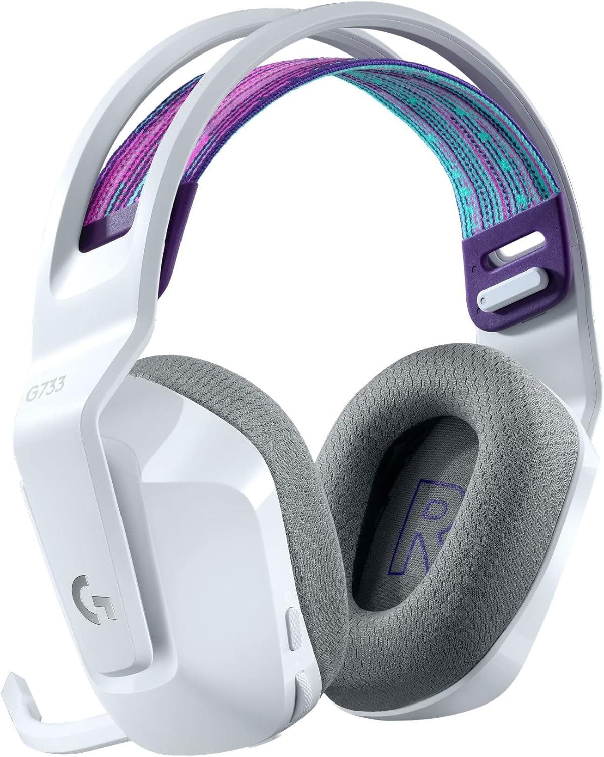 imageLogitech G733 Lightspeed Wireless Gaming Headset with Suspension Headband LIGHTSYNC RGB Blue VOCE mic Technology and PROG Audio Drivers Lightweight 29 Hour Battery Life 20m Range  BlackWhite