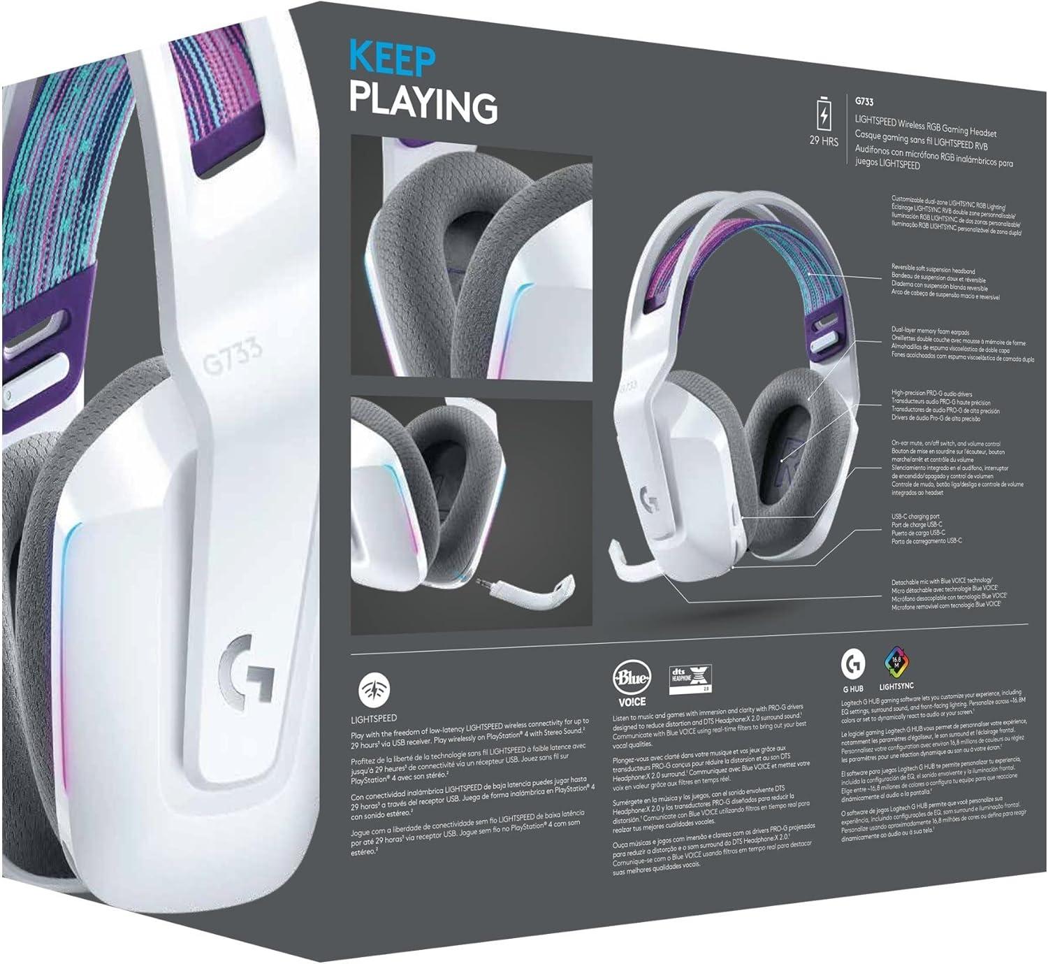 imageLogitech G733 Lightspeed Wireless Gaming Headset with Suspension Headband LIGHTSYNC RGB Blue VOCE mic Technology and PROG Audio Drivers Lightweight 29 Hour Battery Life 20m Range  BlackWhite