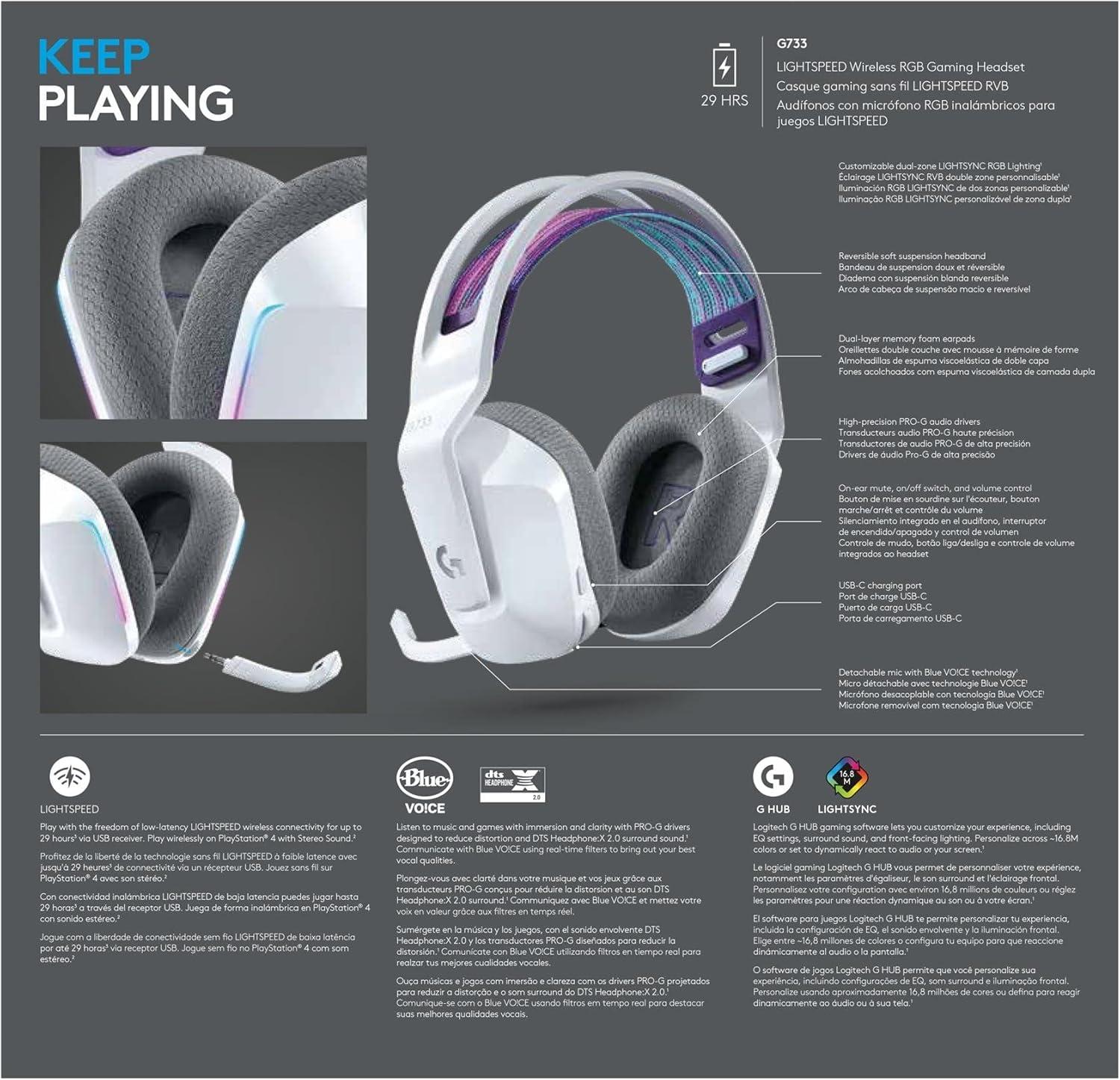 imageLogitech G733 Lightspeed Wireless Gaming Headset with Suspension Headband LIGHTSYNC RGB Blue VOCE mic Technology and PROG Audio Drivers Lightweight 29 Hour Battery Life 20m Range  BlackWhite