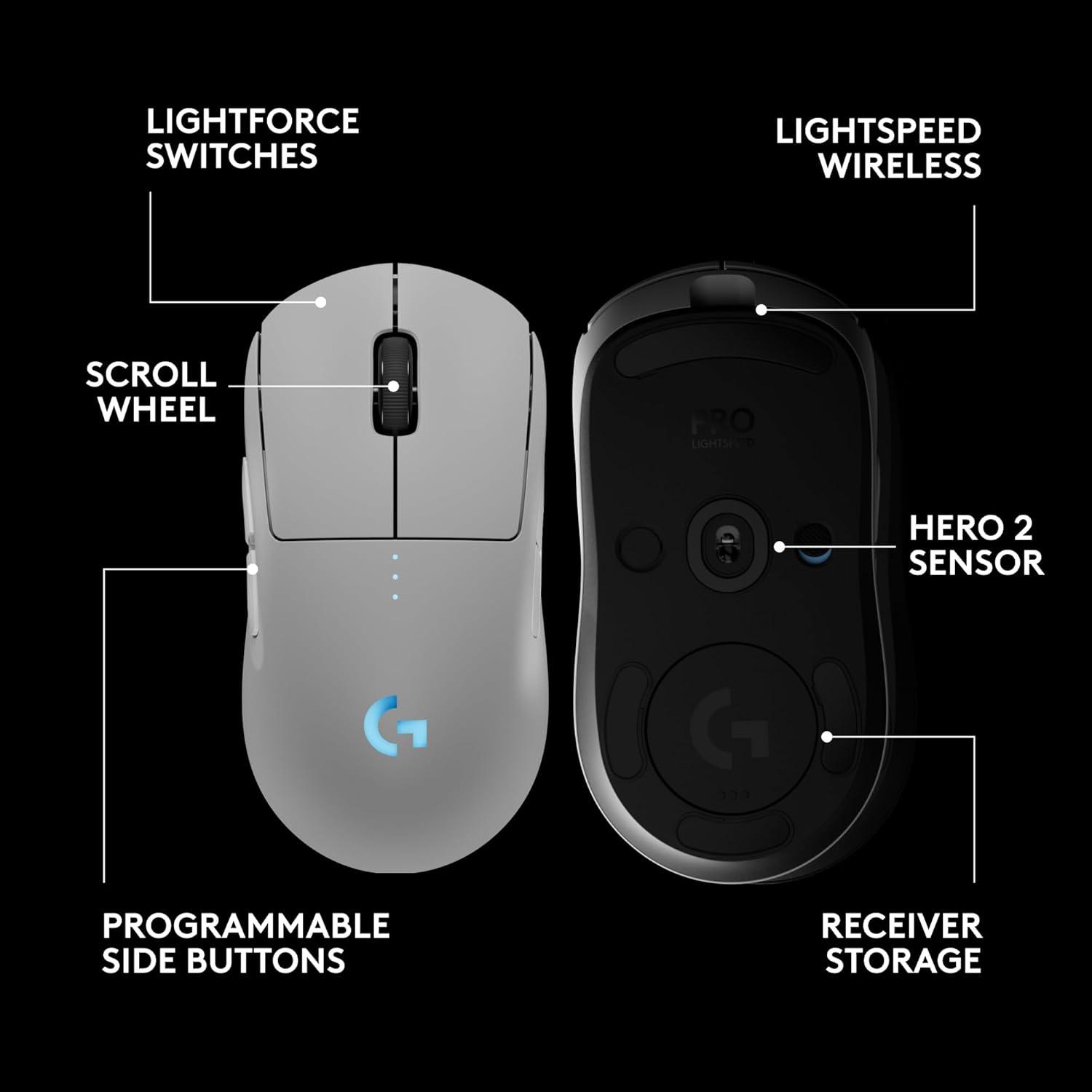 imageLogitech G PRO 2 Lightspeed Wireless Gaming Mouse Right or LeftHanded Mouse with up to 4 Customizable and Switchable Magnetic Side Buttons 44K DPI Sensor USBC Charging for PCMac  WhiteWhite