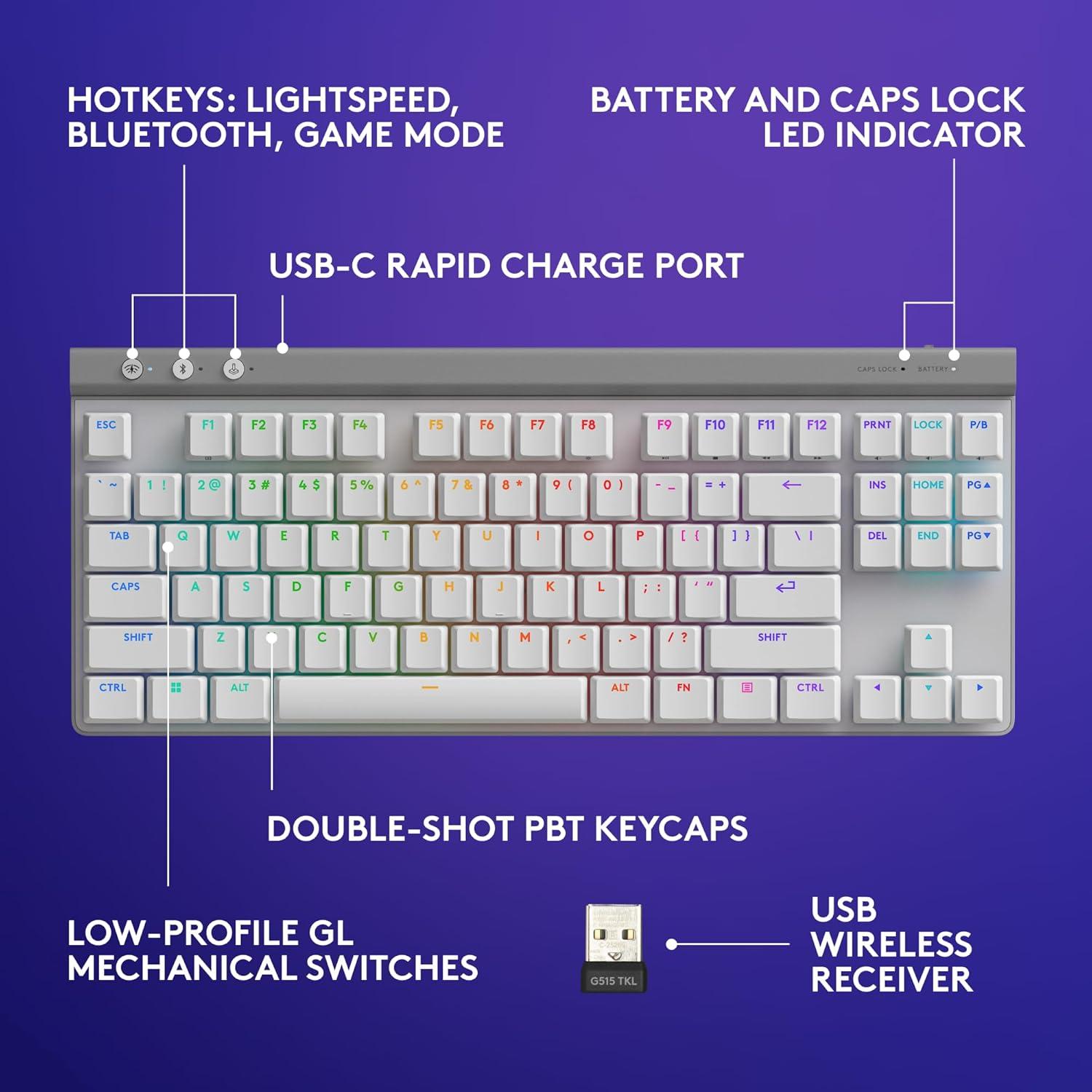 imageLogitech G515 Lightspeed TKL Low Profile Wireless Gaming Keyboard LIGHTSYNC RGB Thin Tenkeyless Design DoubleShot PBT Keycaps Linear Red Mechanical Switches  BlackWhite
